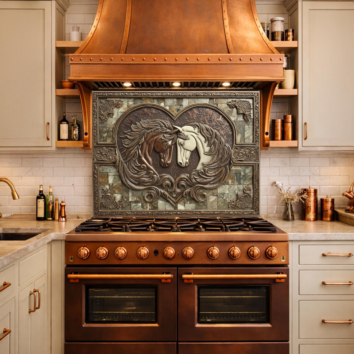 Loving Horses Tempered Glass Backsplash, Copper Look Heart Horse Wall Panel, Custom Size