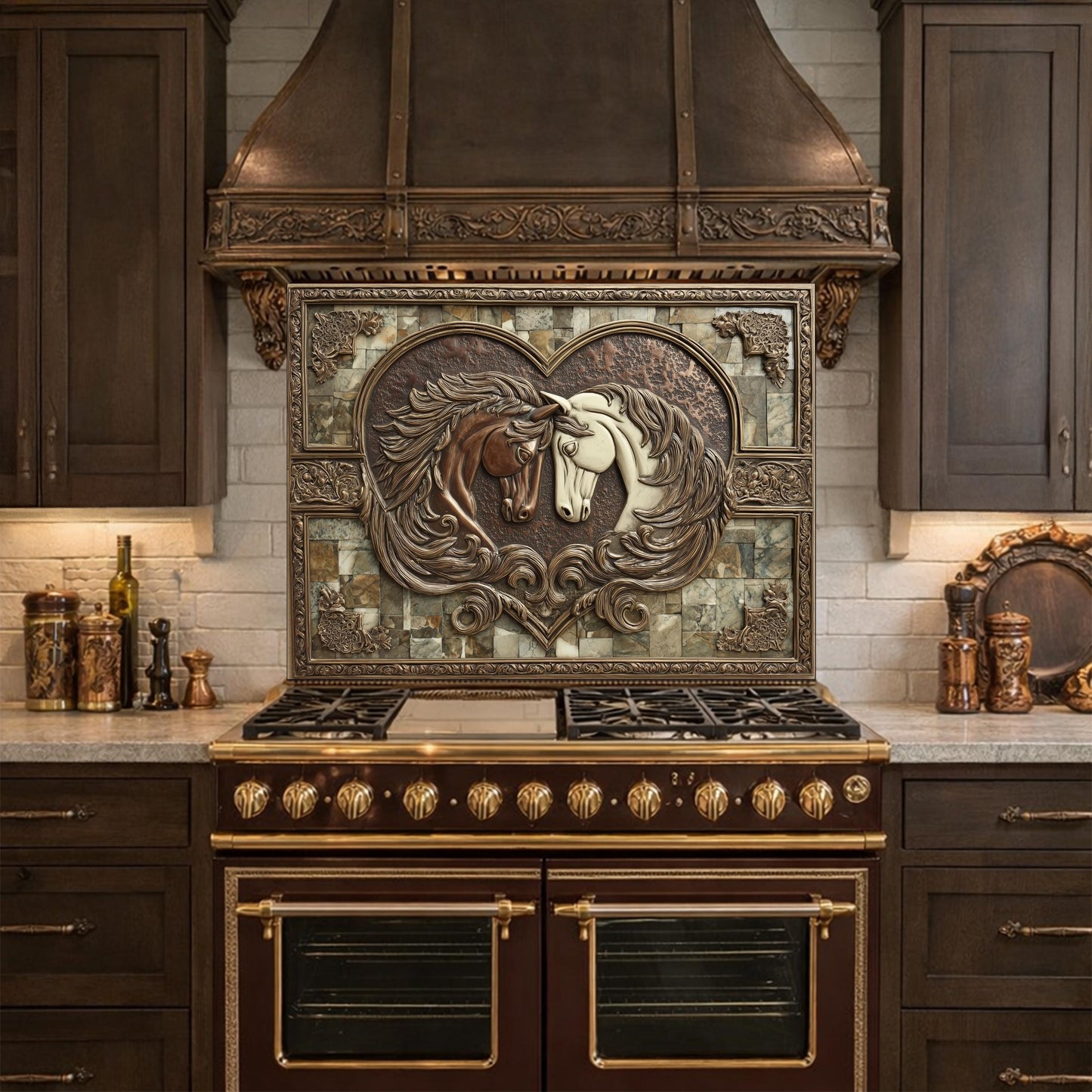 Loving Horses Tempered Glass Backsplash, Copper Look Heart Horse Wall Panel, Custom Size