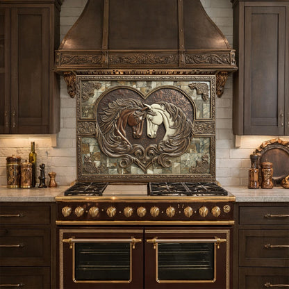 Loving Horses Tempered Glass Backsplash, Copper Look Heart Horse Wall Panel, Custom Size