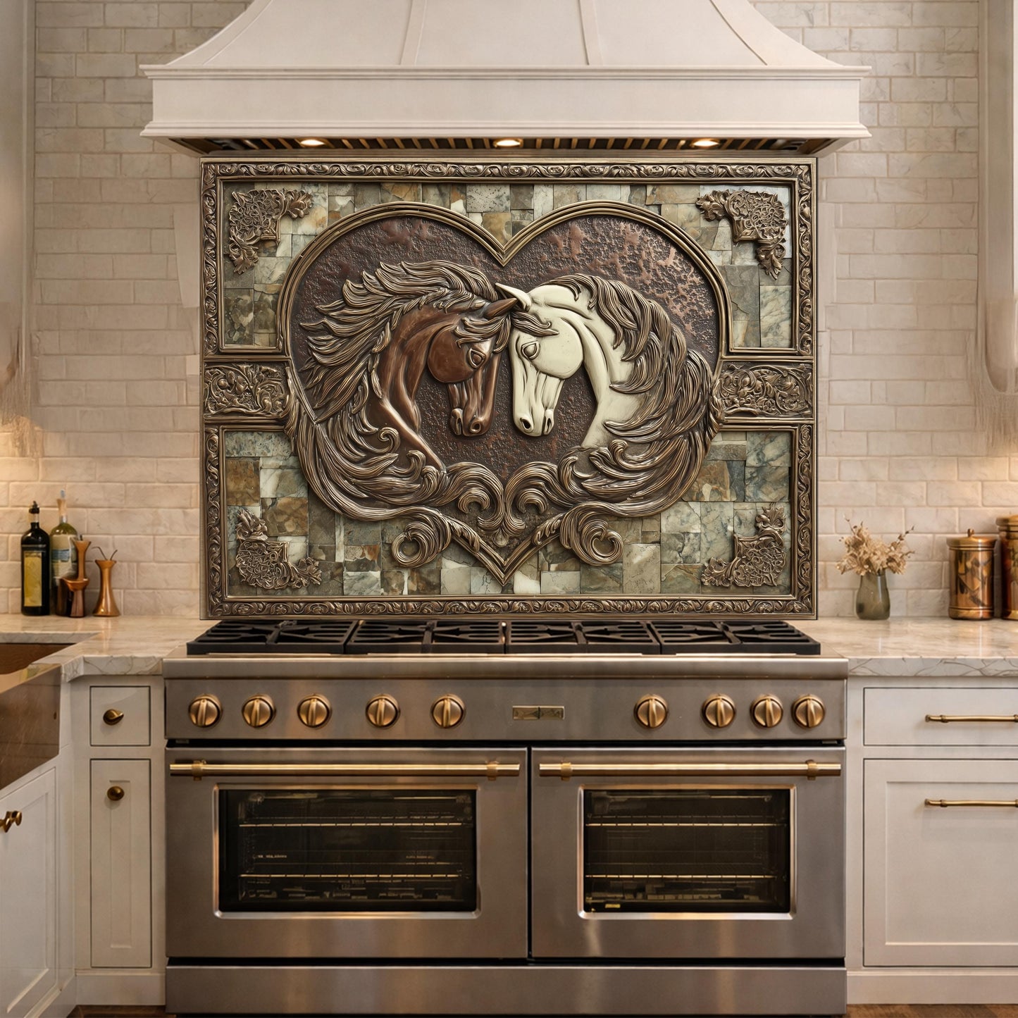 Loving Horses Tempered Glass Backsplash, Copper Look Heart Horse Wall Panel, Custom Size