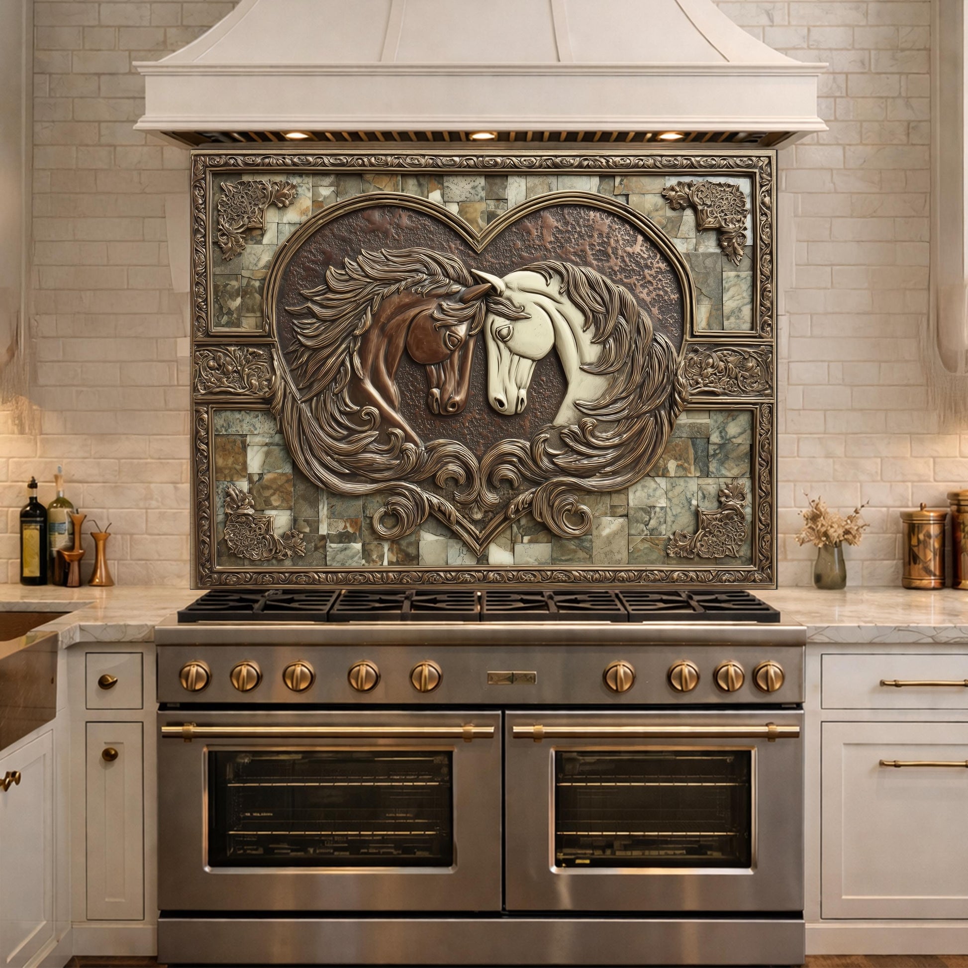 Loving Horses Tempered Glass Backsplash, Copper Look Heart Horse Wall Panel, Custom Size