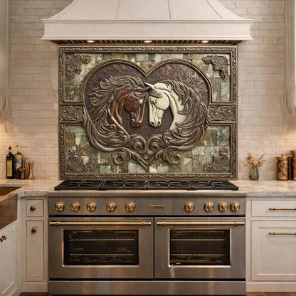 Loving Horses Tempered Glass Backsplash, Copper Look Heart Horse Wall Panel, Custom Size
