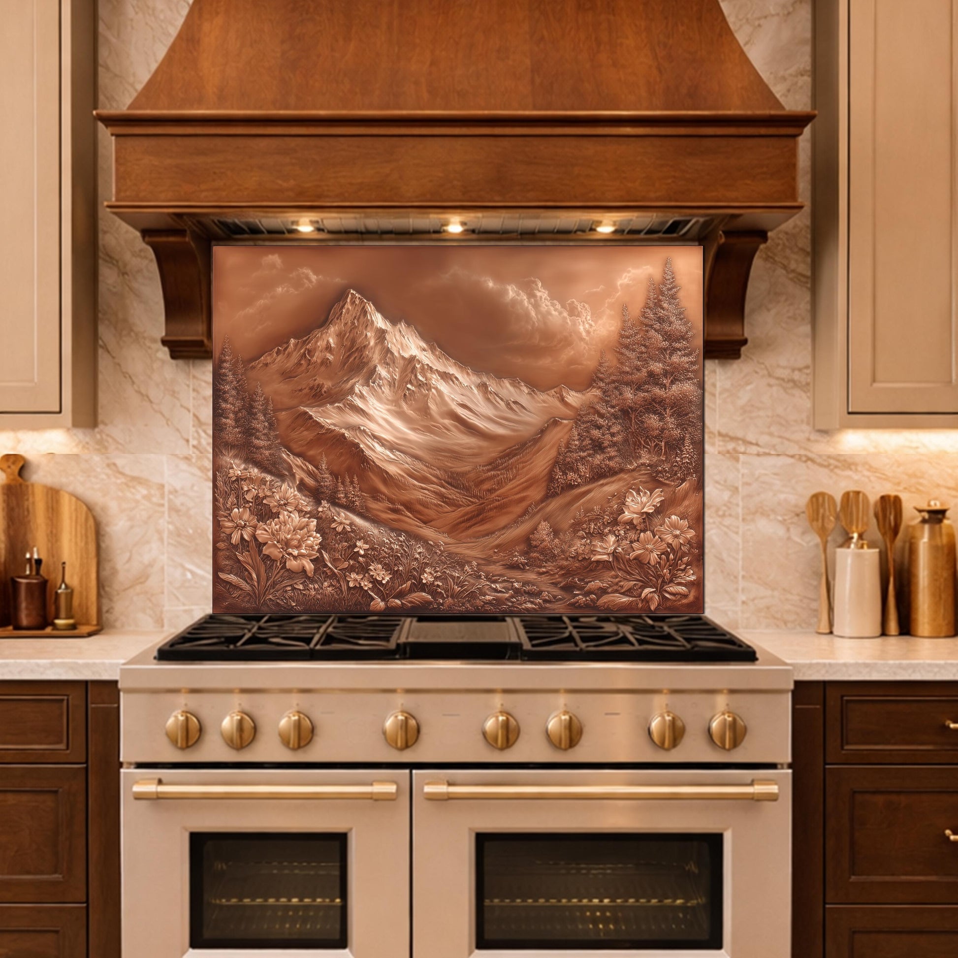 Majestic Mountain Peaks Backsplash, Copper Look Alpine Landscape Wall Panel, Custom Size