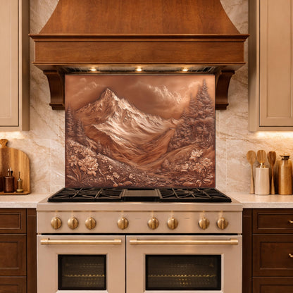 Majestic Mountain Peaks Backsplash, Copper Look Alpine Landscape Wall Panel, Custom Size