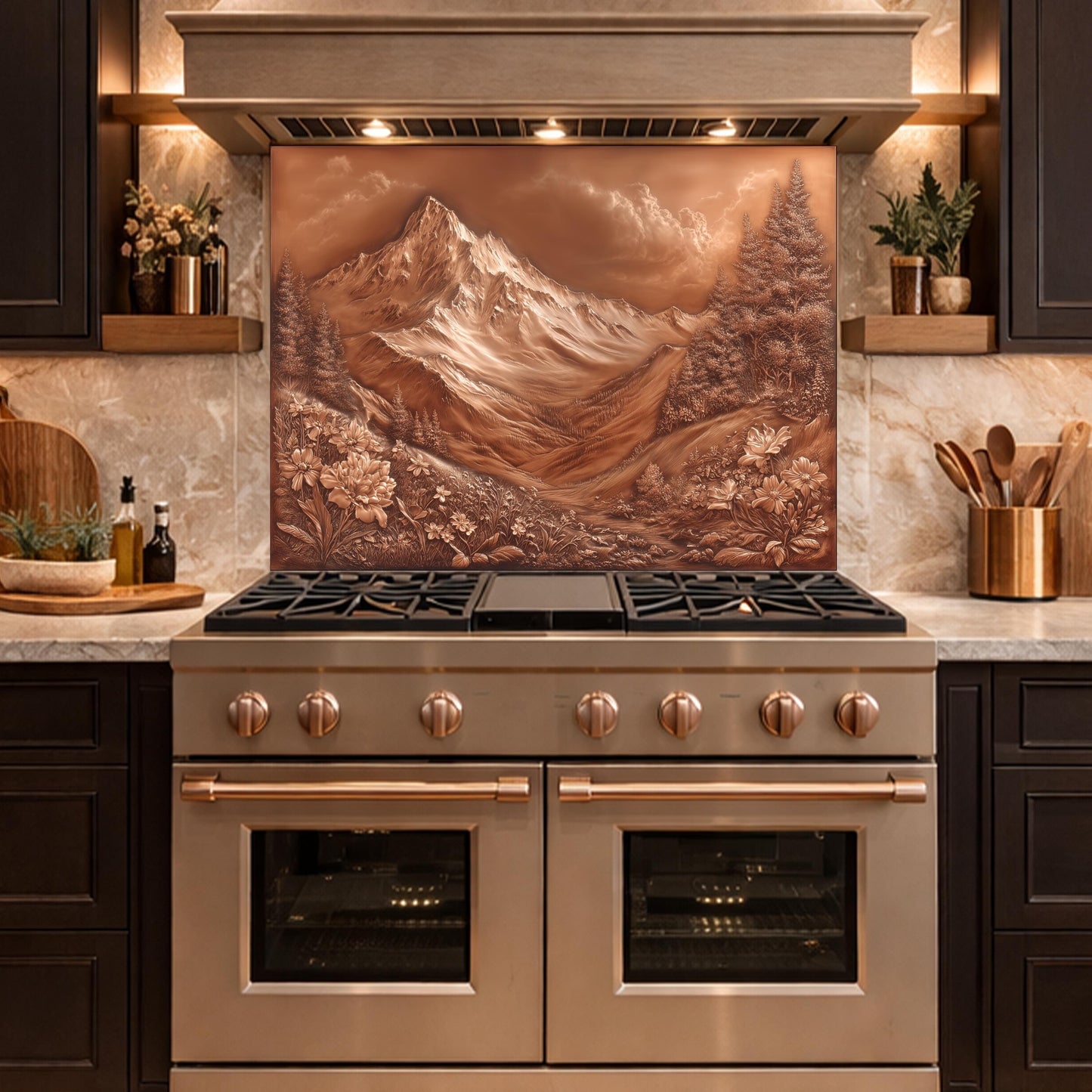 Majestic Mountain Peaks Backsplash, Copper Look Alpine Landscape Wall Panel, Custom Size