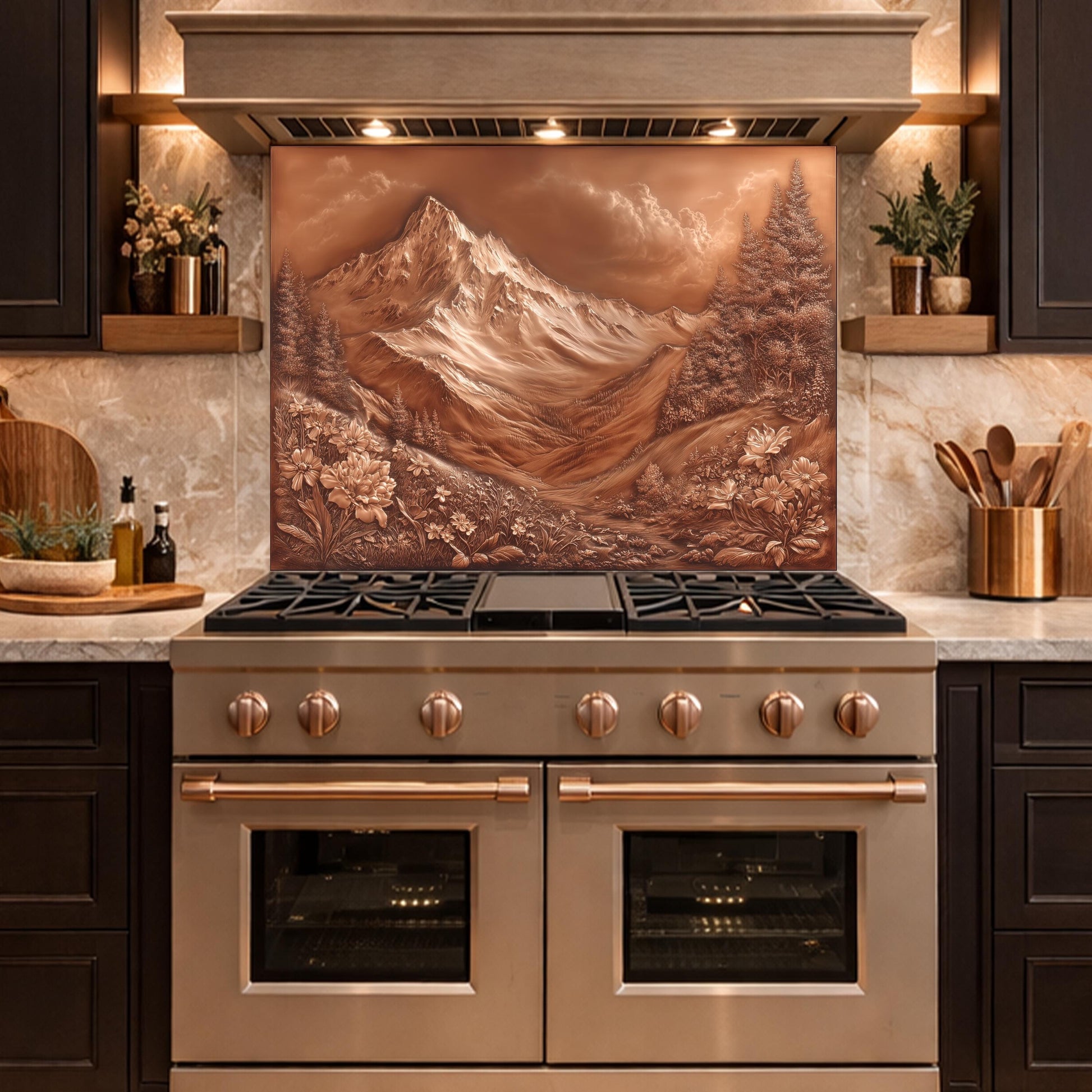 Majestic Mountain Peaks Backsplash, Copper Look Alpine Landscape Wall Panel, Custom Size