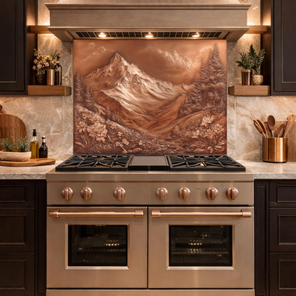Majestic Mountain Peaks Backsplash, Copper Look Alpine Landscape Wall Panel, Custom Size