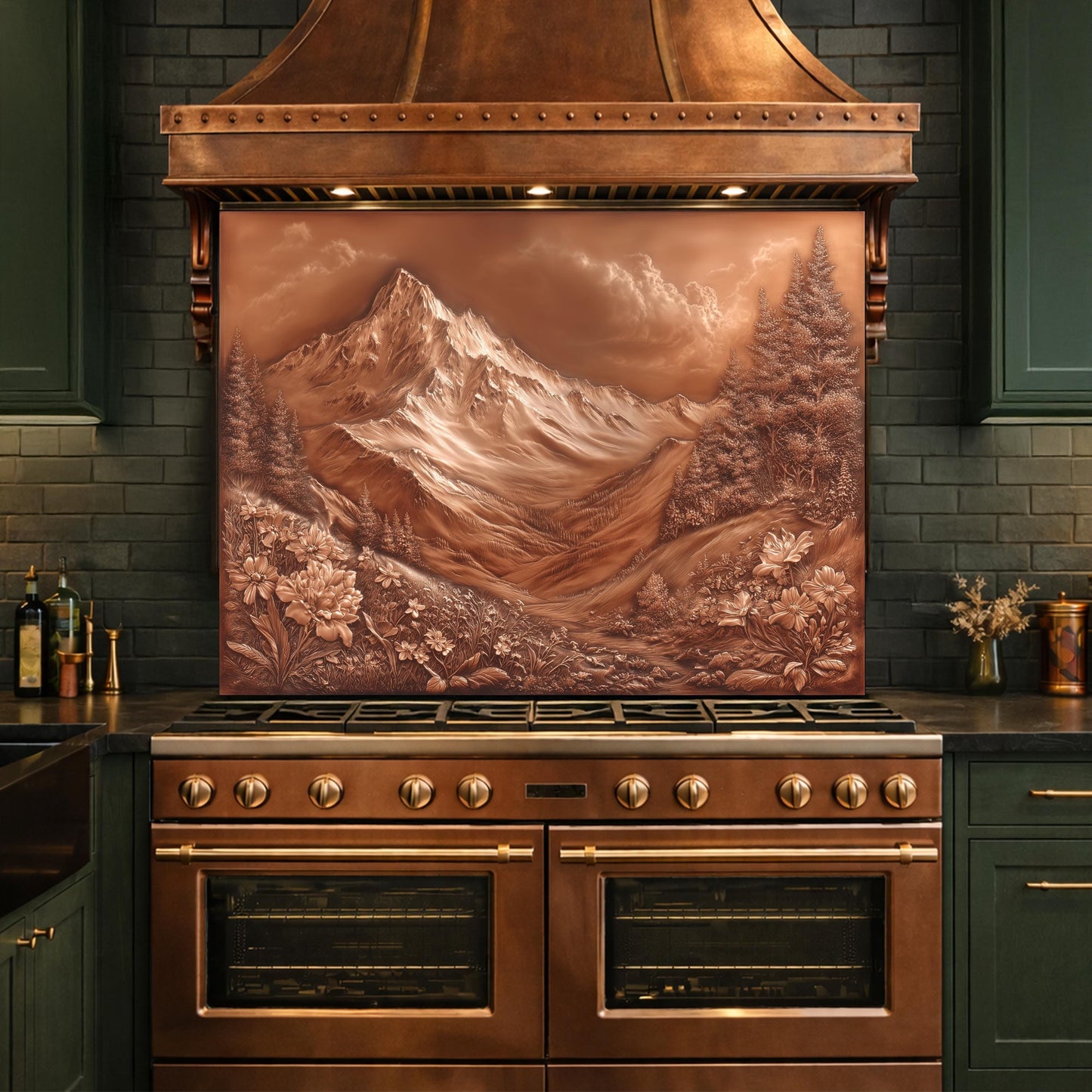 Majestic Mountain Peaks Backsplash, Copper Look Alpine Landscape Wall Panel, Custom Size