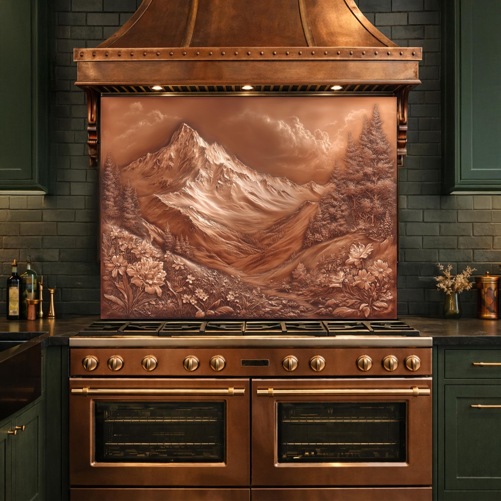 Majestic Mountain Peaks Backsplash, Copper Look Alpine Landscape Wall Panel, Custom Size
