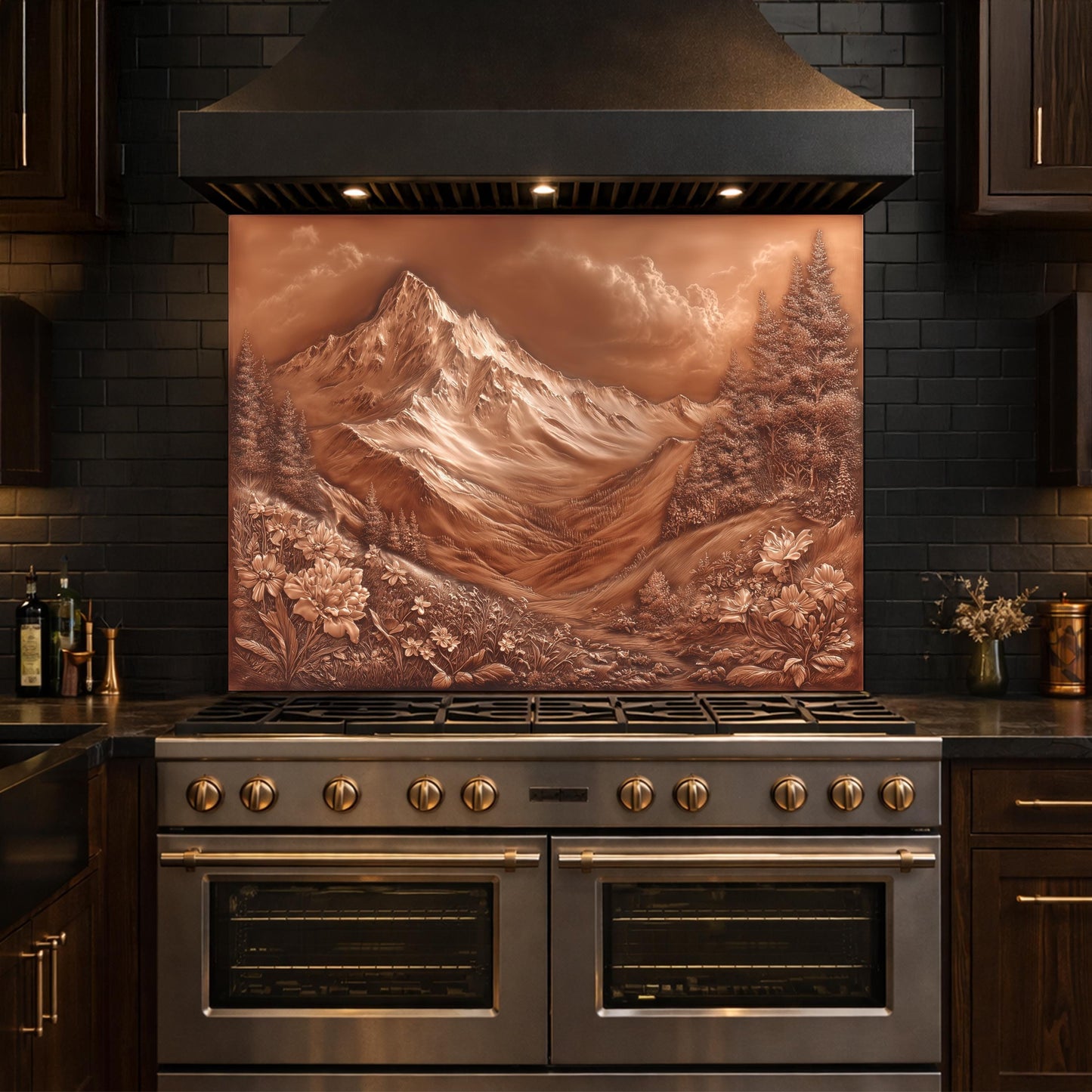 Majestic Mountain Peaks Backsplash, Copper Look Alpine Landscape Wall Panel, Custom Size