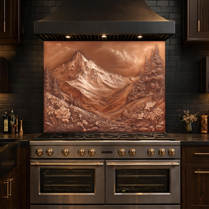 Majestic Mountain Peaks Backsplash, Copper Look Alpine Landscape Wall Panel, Custom Size
