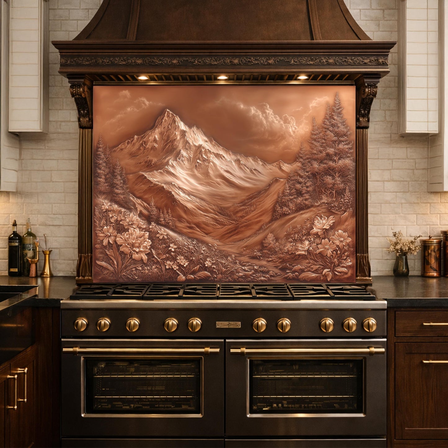 Majestic Mountain Peaks Backsplash, Copper Look Alpine Landscape Wall Panel, Custom Size