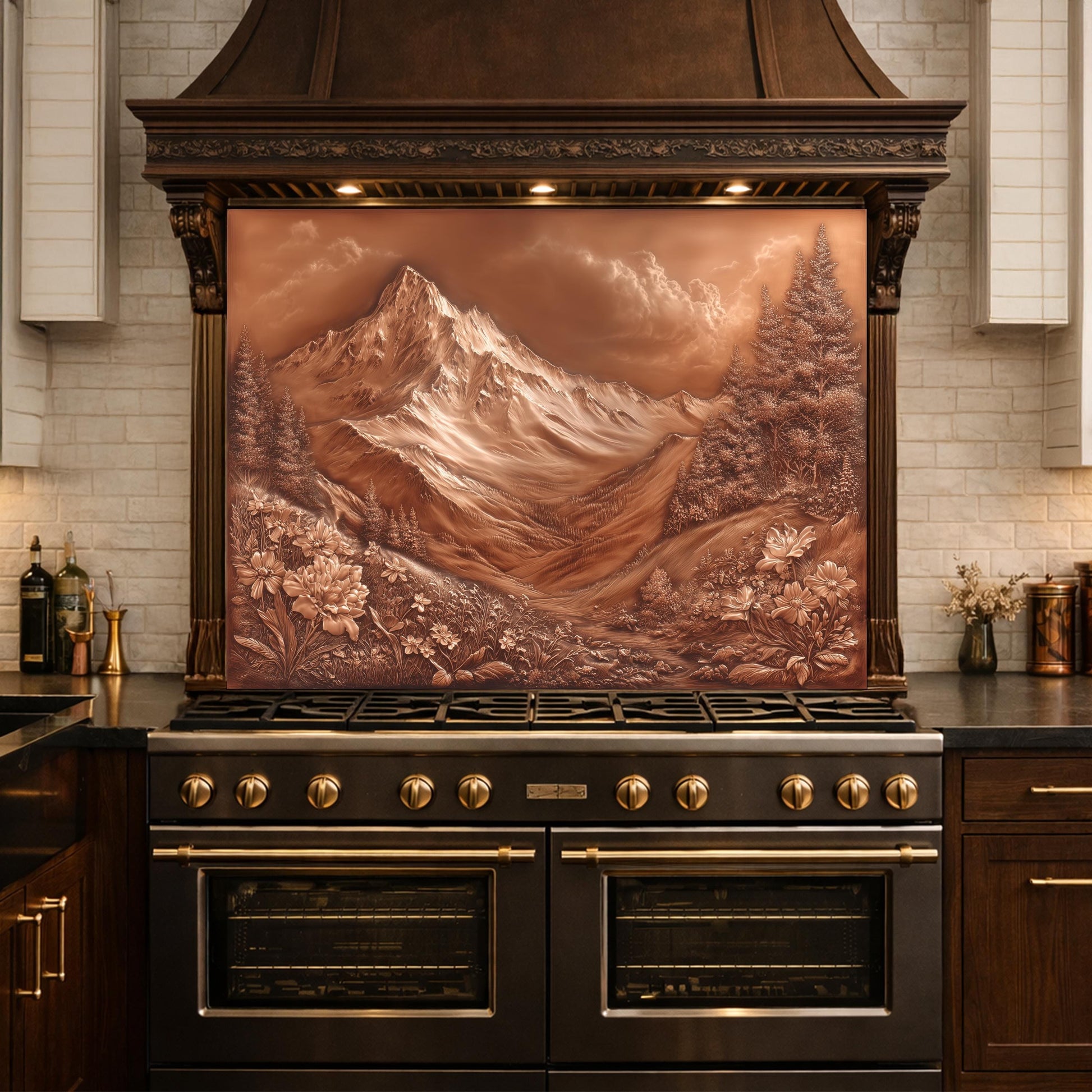 Majestic Mountain Peaks Backsplash, Copper Look Alpine Landscape Wall Panel, Custom Size