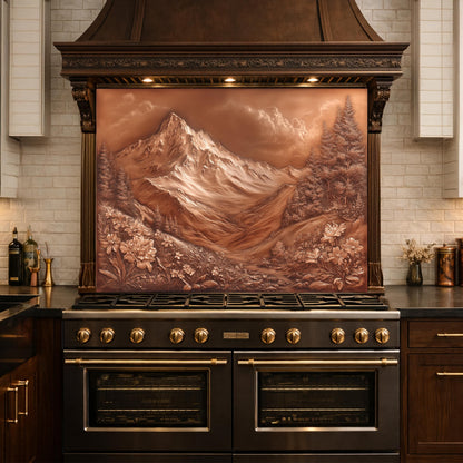 Majestic Mountain Peaks Backsplash, Copper Look Alpine Landscape Wall Panel, Custom Size