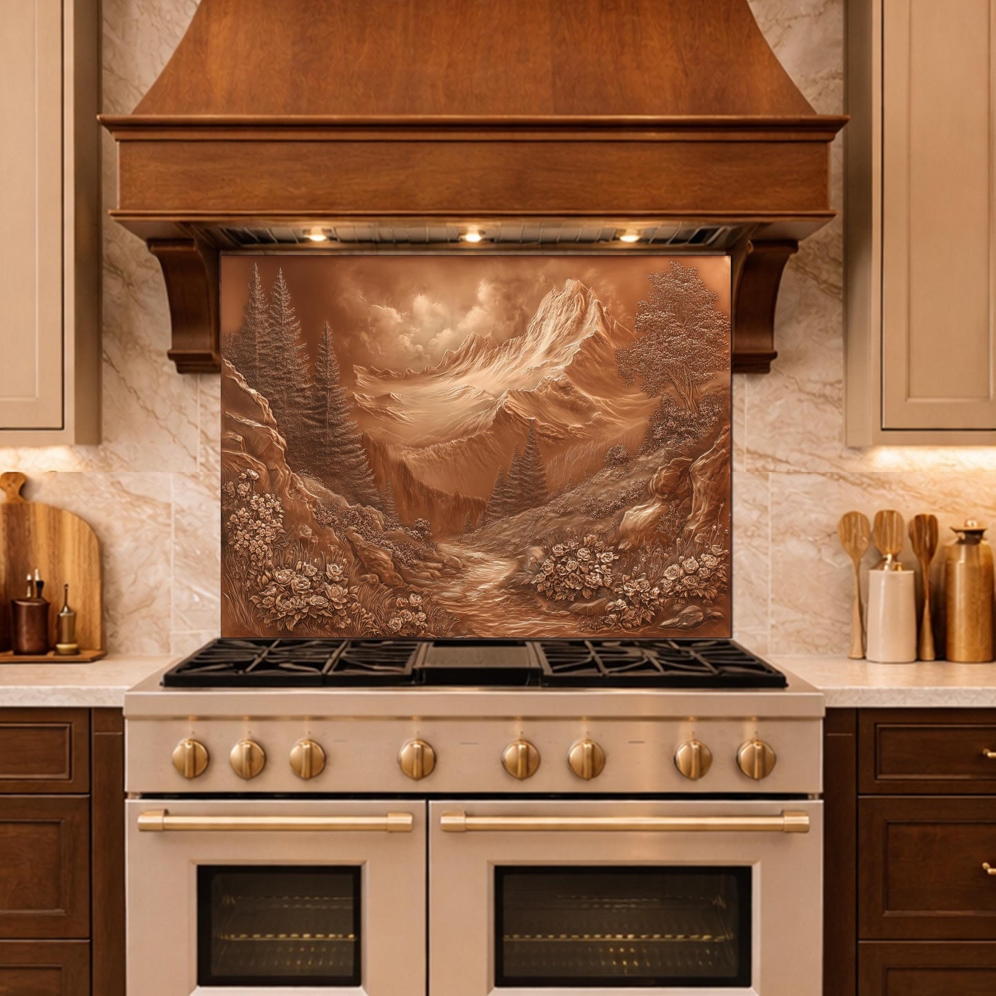 Alpine Peak Tempered Glass Backsplash, Copper Look Mountain and Valley Wall Panel, Custom Size