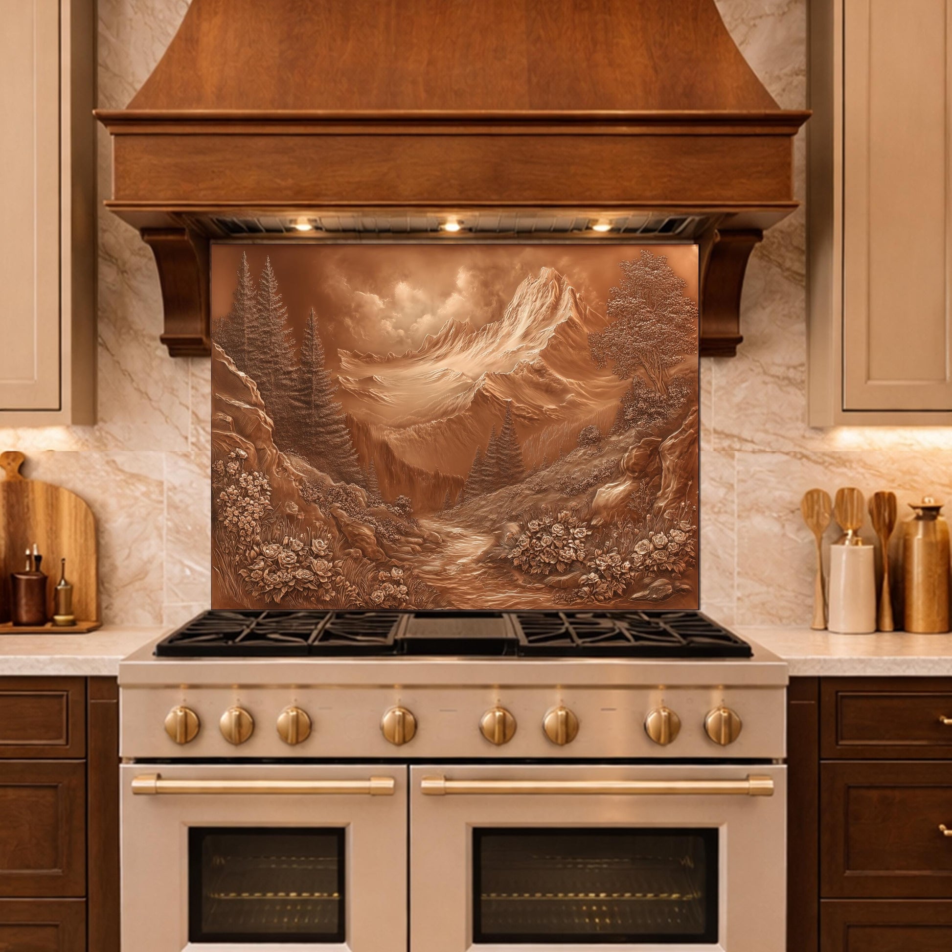 Alpine Peak Tempered Glass Backsplash, Copper Look Mountain and Valley Wall Panel, Custom Size