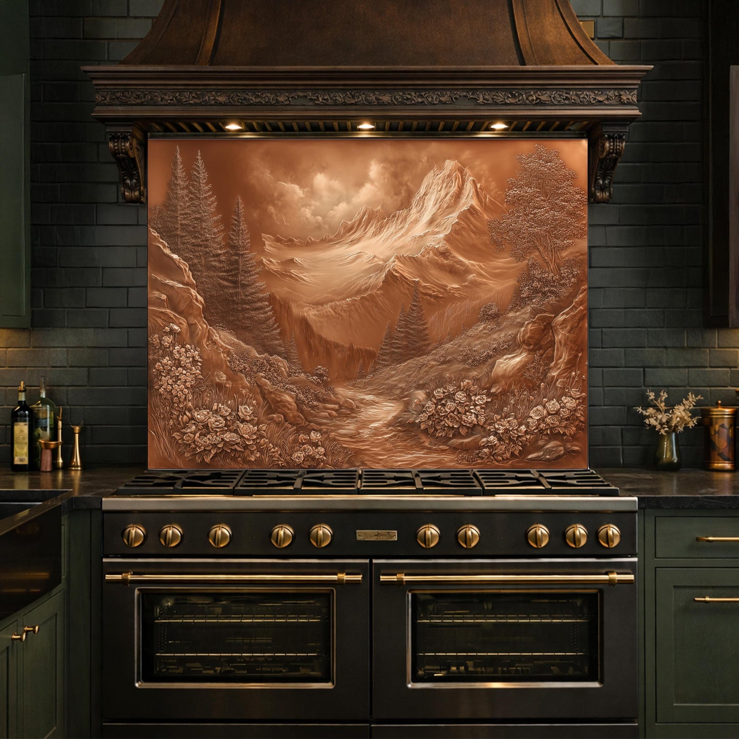 Alpine Peak Tempered Glass Backsplash, Copper Look Mountain and Valley Wall Panel, Custom Size