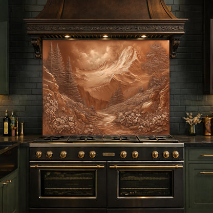 Alpine Peak Tempered Glass Backsplash, Copper Look Mountain and Valley Wall Panel, Custom Size