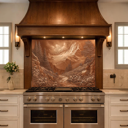 Alpine Peak Tempered Glass Backsplash, Copper Look Mountain and Valley Wall Panel, Custom Size