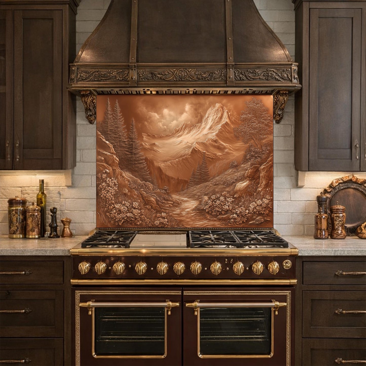Alpine Peak Tempered Glass Backsplash, Copper Look Mountain and Valley Wall Panel, Custom Size