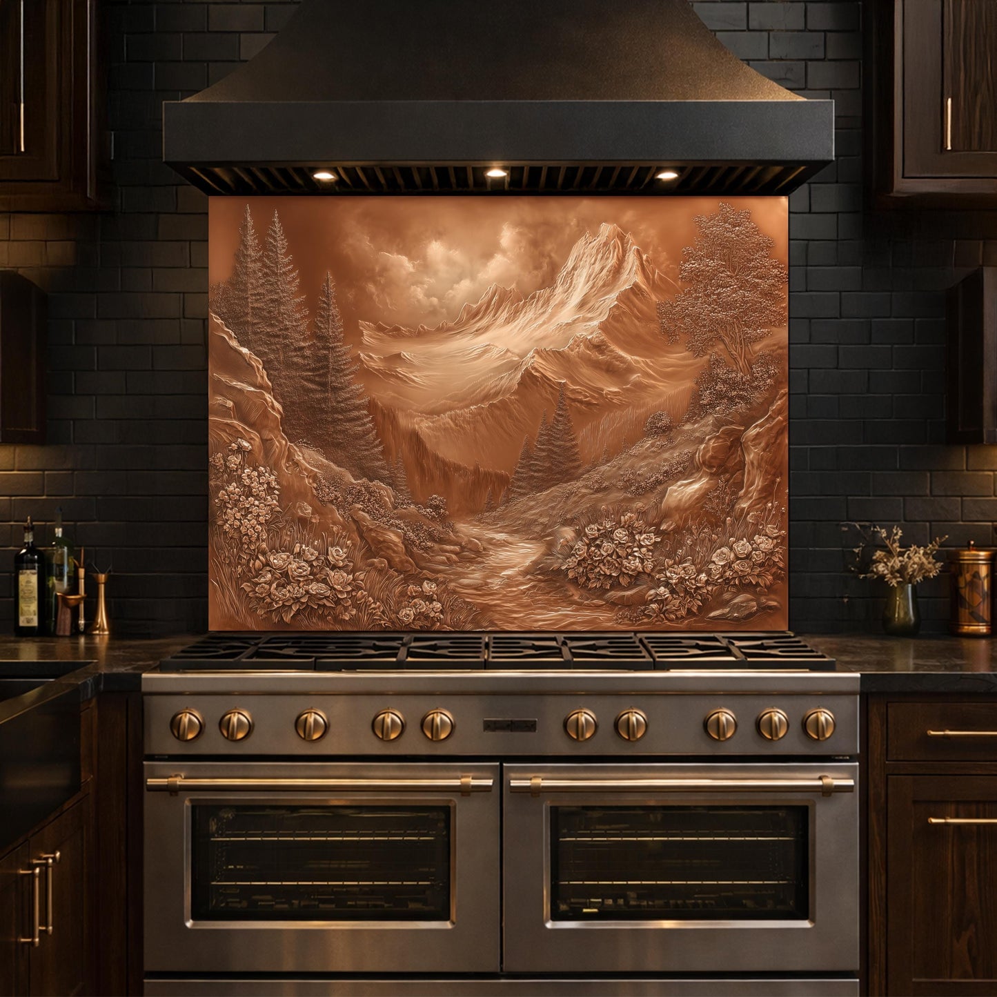 Alpine Peak Tempered Glass Backsplash, Copper Look Mountain and Valley Wall Panel, Custom Size