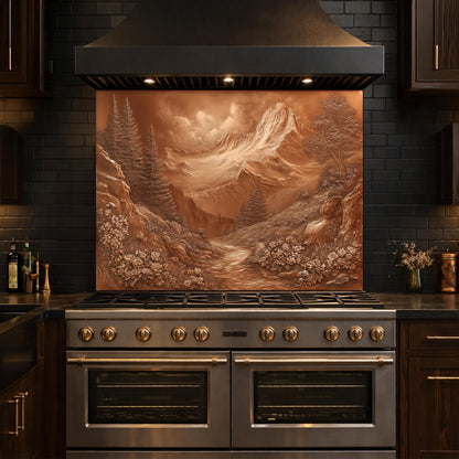 Alpine Peak Tempered Glass Backsplash, Copper Look Mountain and Valley Wall Panel, Custom Size