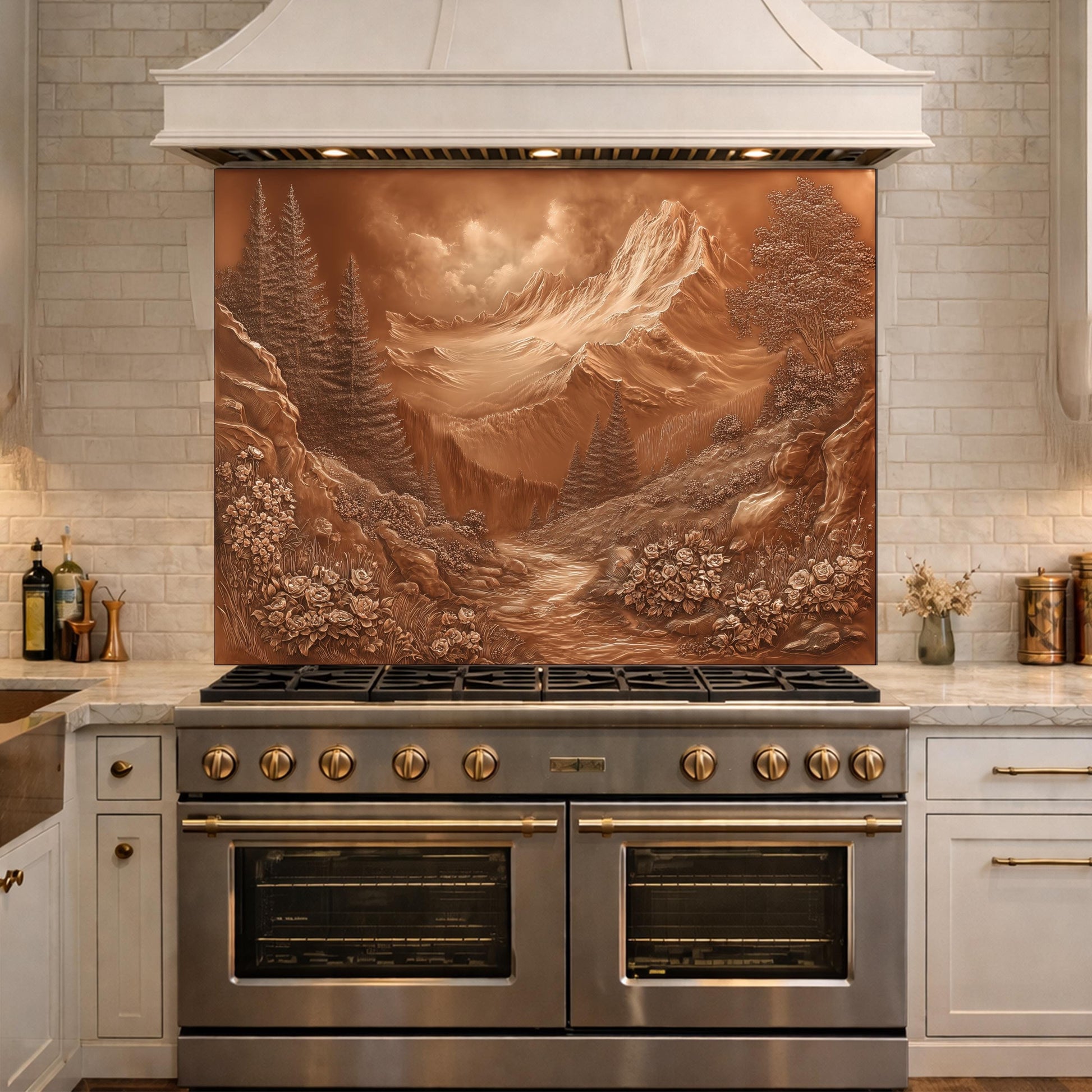 Alpine Peak Tempered Glass Backsplash, Copper Look Mountain and Valley Wall Panel, Custom Size