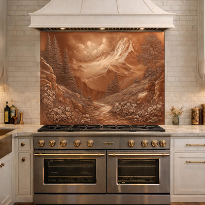 Alpine Peak Tempered Glass Backsplash, Copper Look Mountain and Valley Wall Panel, Custom Size