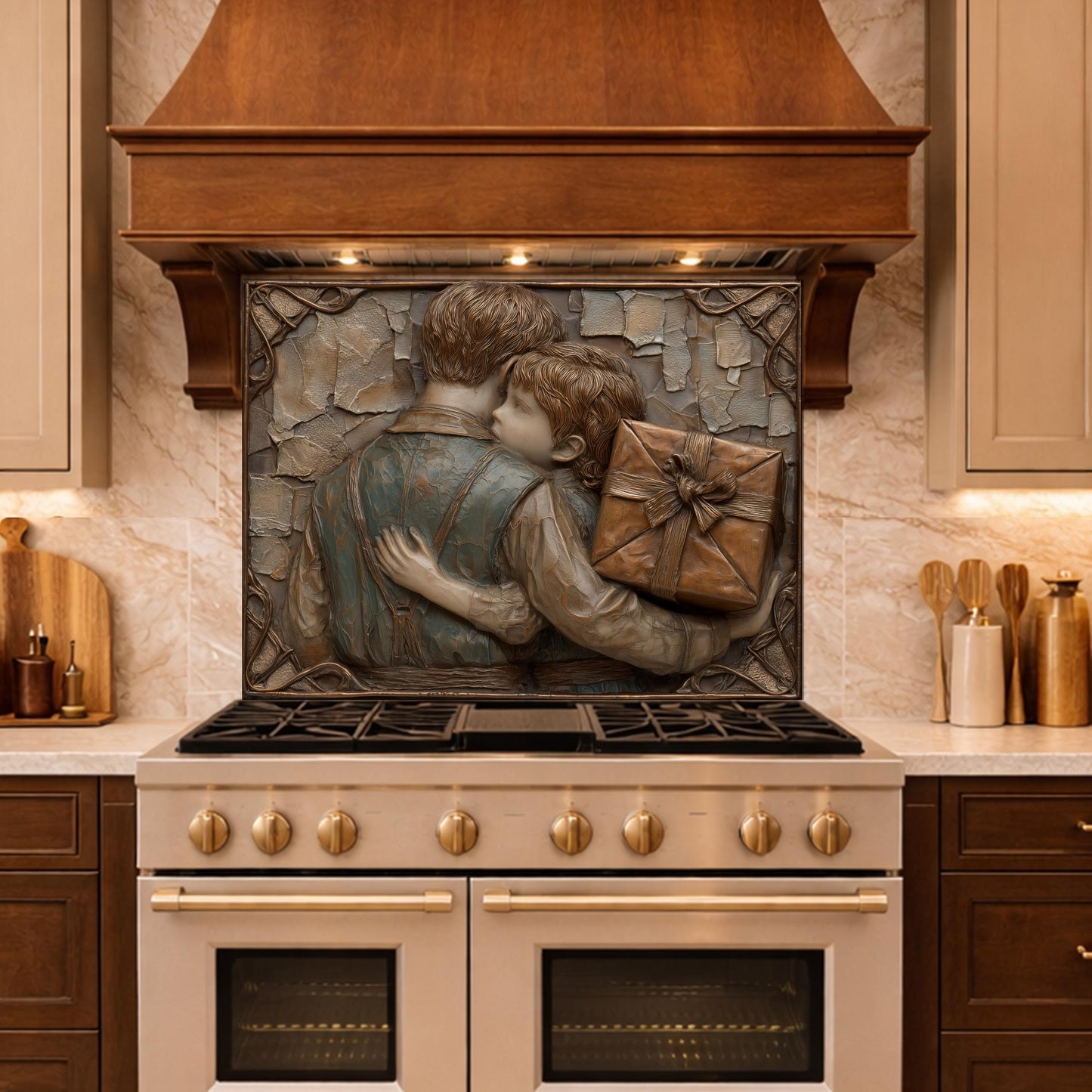 Father Child Tempered Glass Backsplash, Emotional Family Art Panel, Copper Relief Kitchen Wall Decor