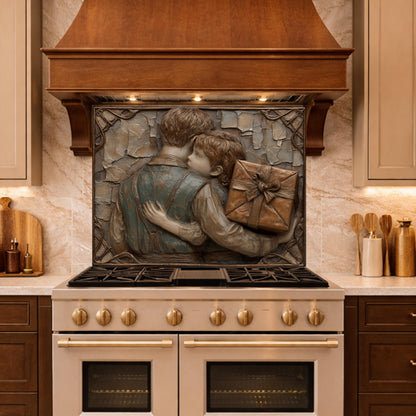 Father Child Tempered Glass Backsplash, Emotional Family Art Panel, Copper Relief Kitchen Wall Decor
