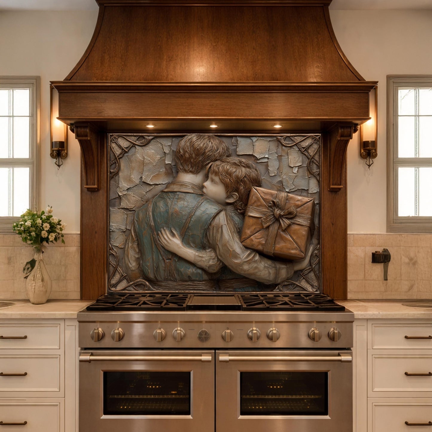 Father Child Tempered Glass Backsplash, Emotional Family Art Panel, Copper Relief Kitchen Wall Decor