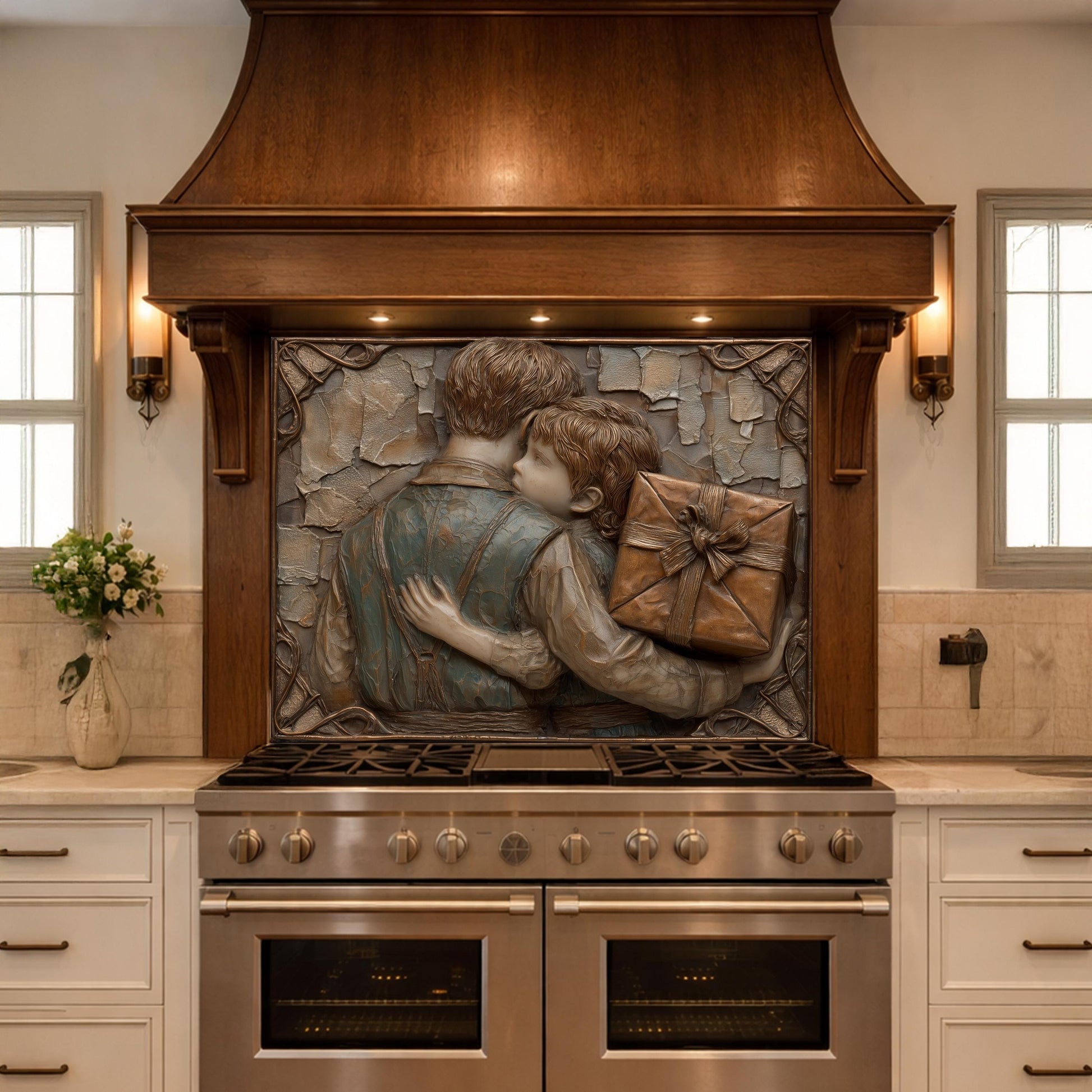 Father Child Tempered Glass Backsplash, Emotional Family Art Panel, Copper Relief Kitchen Wall Decor