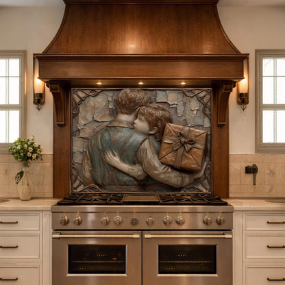 Father Child Tempered Glass Backsplash, Emotional Family Art Panel, Copper Relief Kitchen Wall Decor