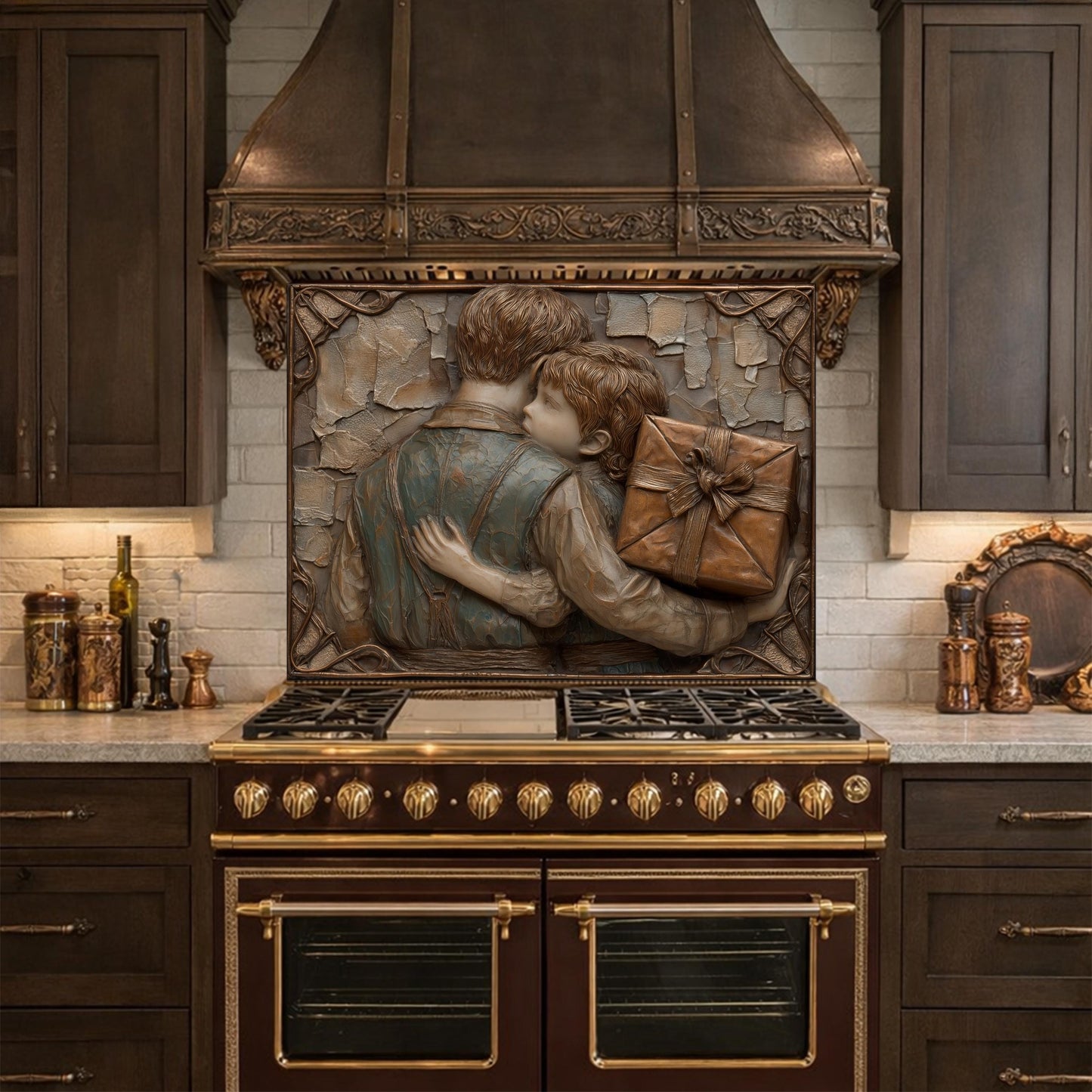 Father Child Tempered Glass Backsplash, Emotional Family Art Panel, Copper Relief Kitchen Wall Decor