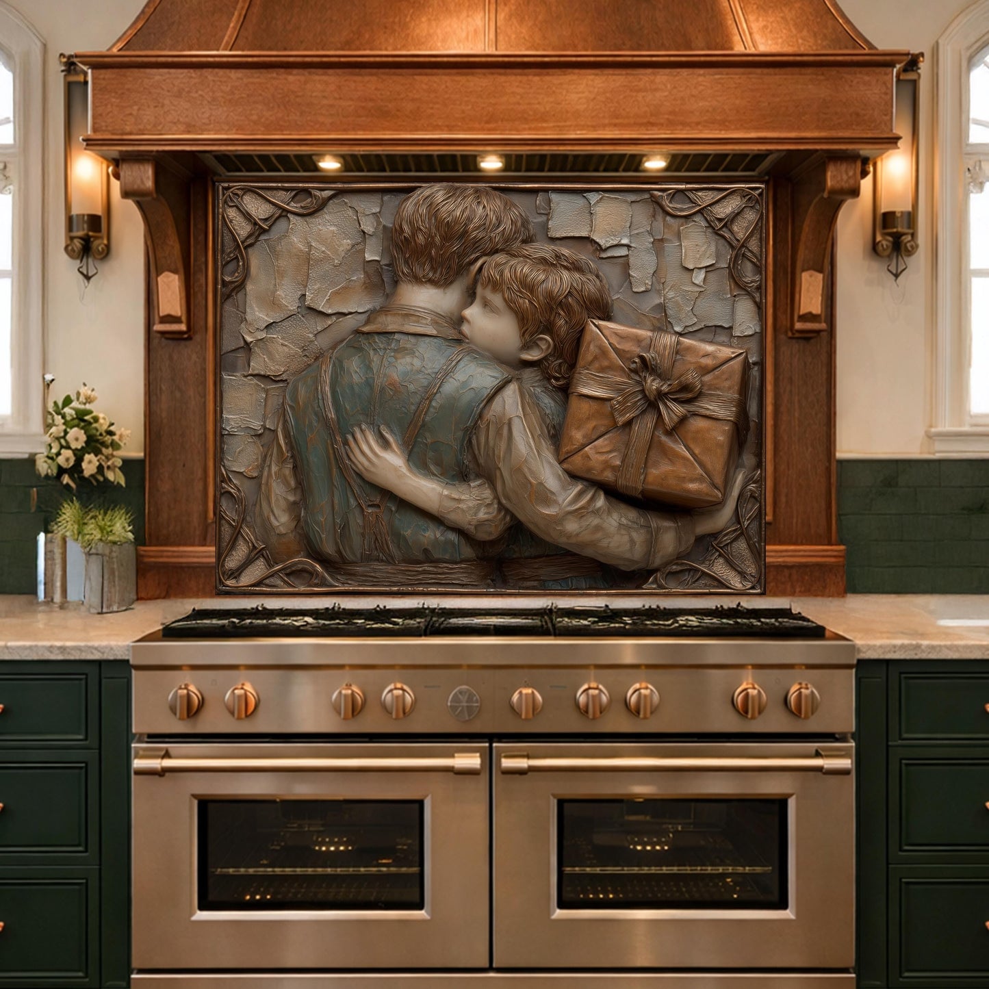 Father Child Tempered Glass Backsplash, Emotional Family Art Panel, Copper Relief Kitchen Wall Decor
