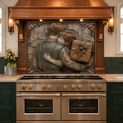 Father Child Tempered Glass Backsplash, Emotional Family Art Panel, Copper Relief Kitchen Wall Decor