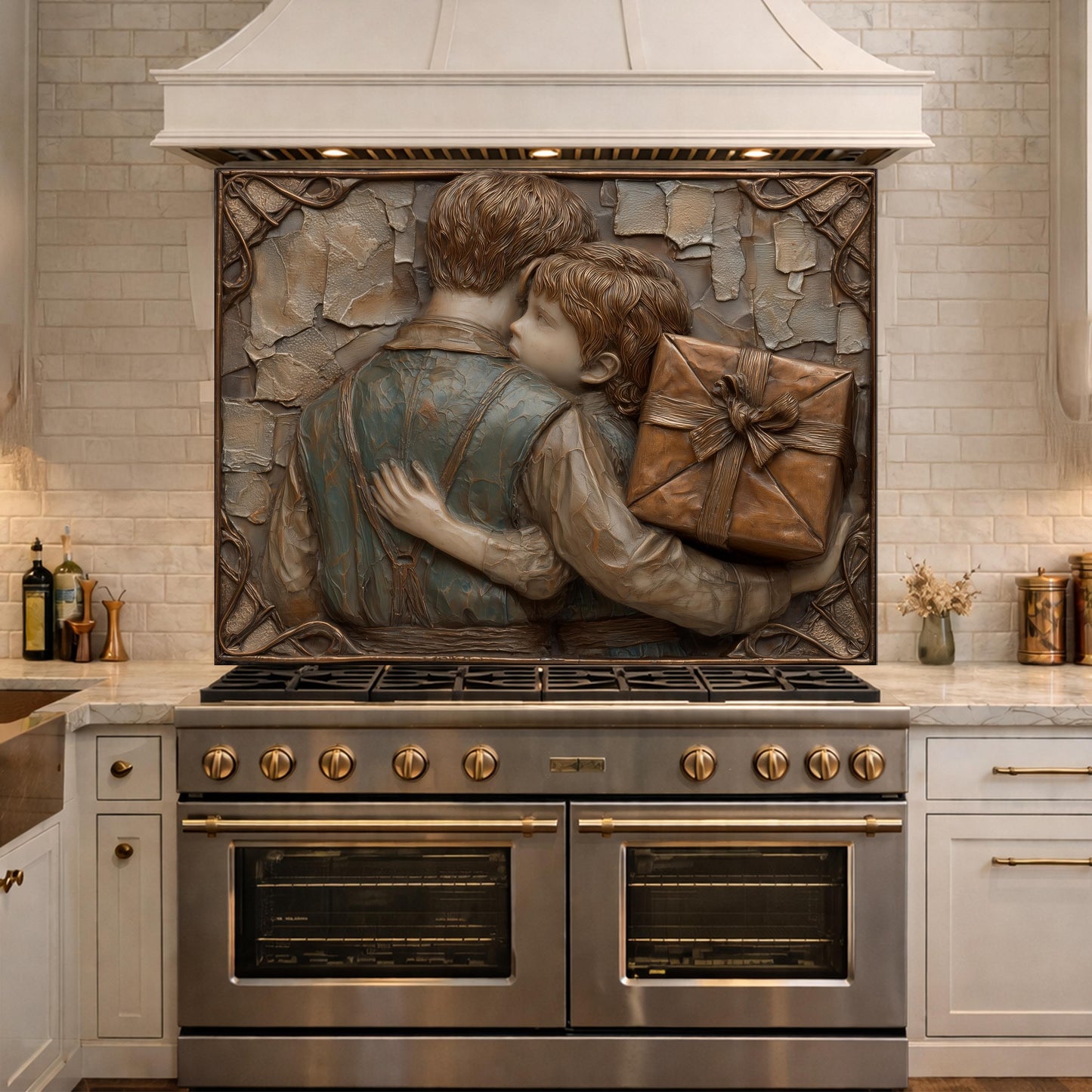 Father Child Tempered Glass Backsplash, Emotional Family Art Panel, Copper Relief Kitchen Wall Decor