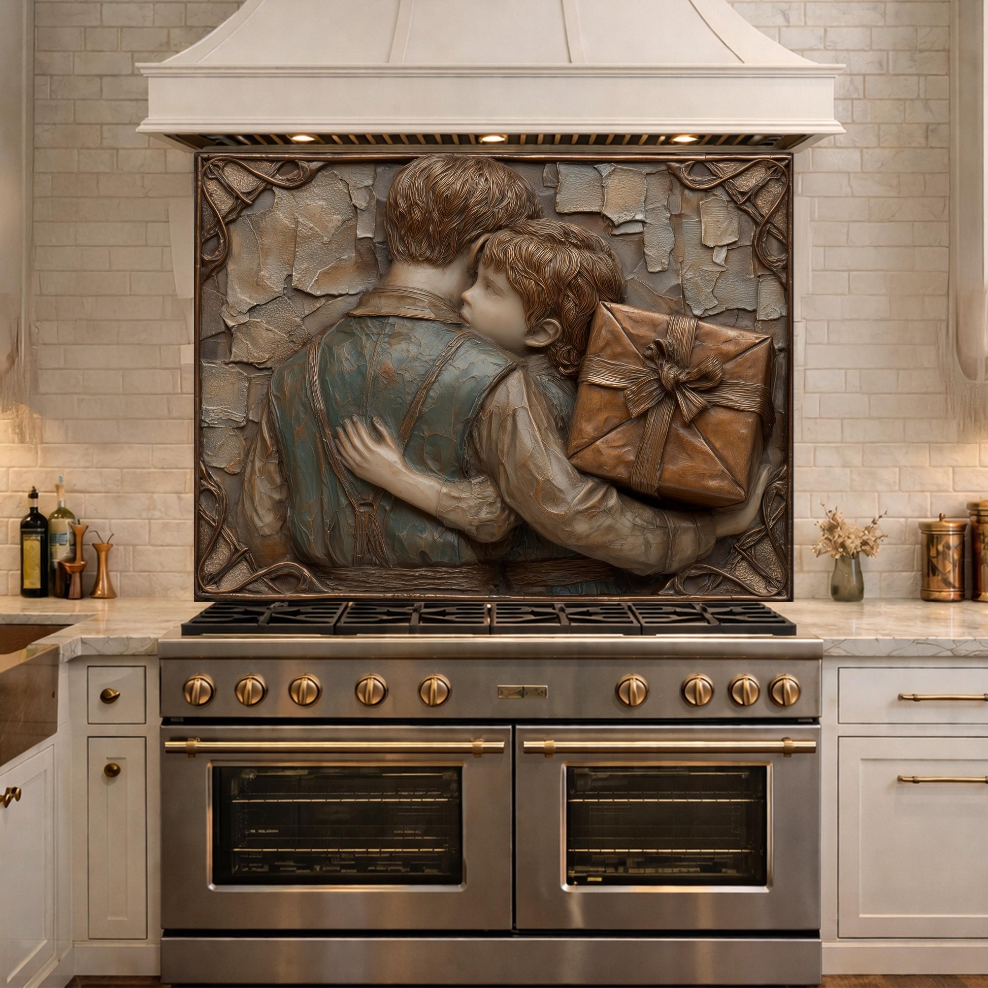 Father Child Tempered Glass Backsplash, Emotional Family Art Panel, Copper Relief Kitchen Wall Decor