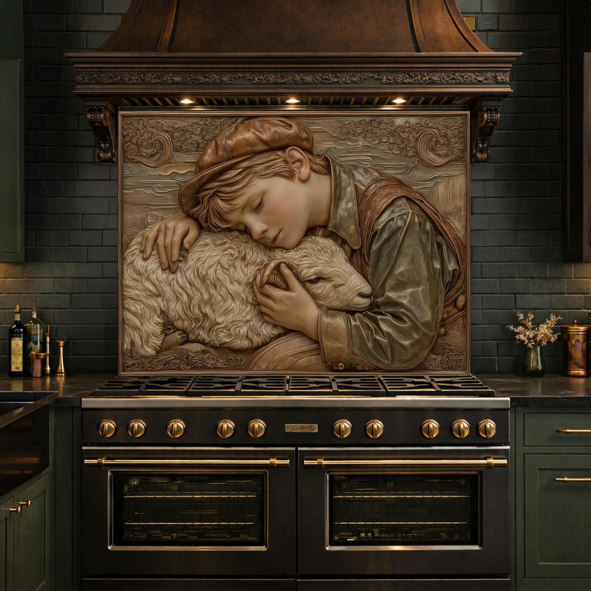 Shepherd Boy Tempered Glass Backsplash, Rustic Farm Art Panel, Lamb Shepherd Kitchen Wall Decor