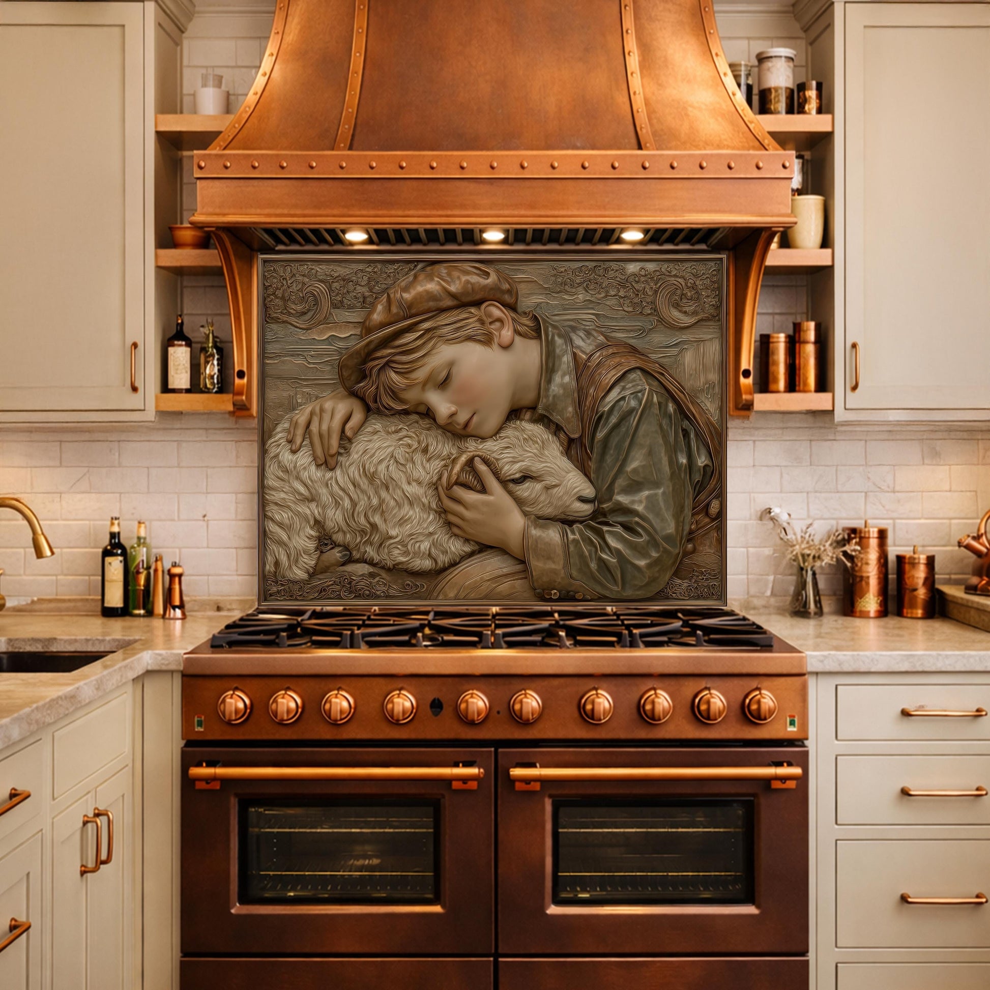 Shepherd Boy Tempered Glass Backsplash, Rustic Farm Art Panel, Lamb Shepherd Kitchen Wall Decor