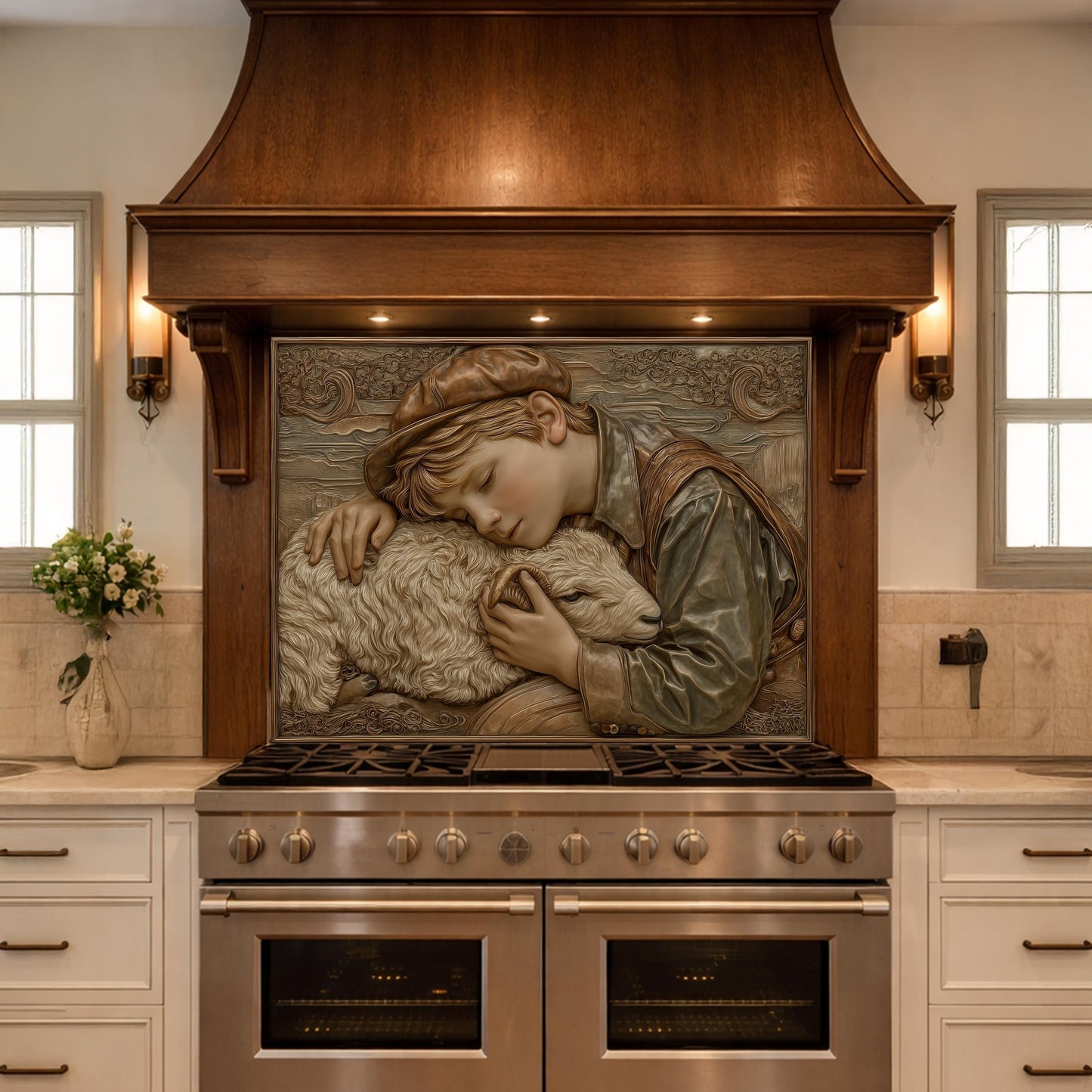 Shepherd Boy Tempered Glass Backsplash, Rustic Farm Art Panel, Lamb Shepherd Kitchen Wall Decor