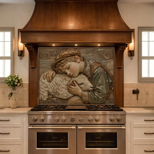 Shepherd Boy Tempered Glass Backsplash, Rustic Farm Art Panel, Lamb Shepherd Kitchen Wall Decor