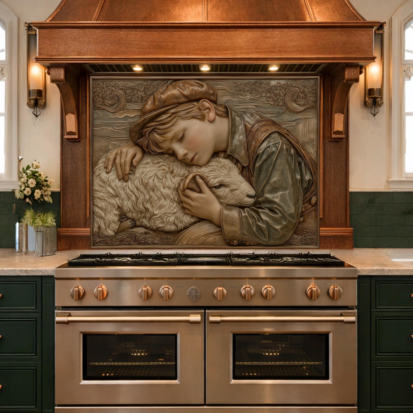 Shepherd Boy Tempered Glass Backsplash, Rustic Farm Art Panel, Lamb Shepherd Kitchen Wall Decor
