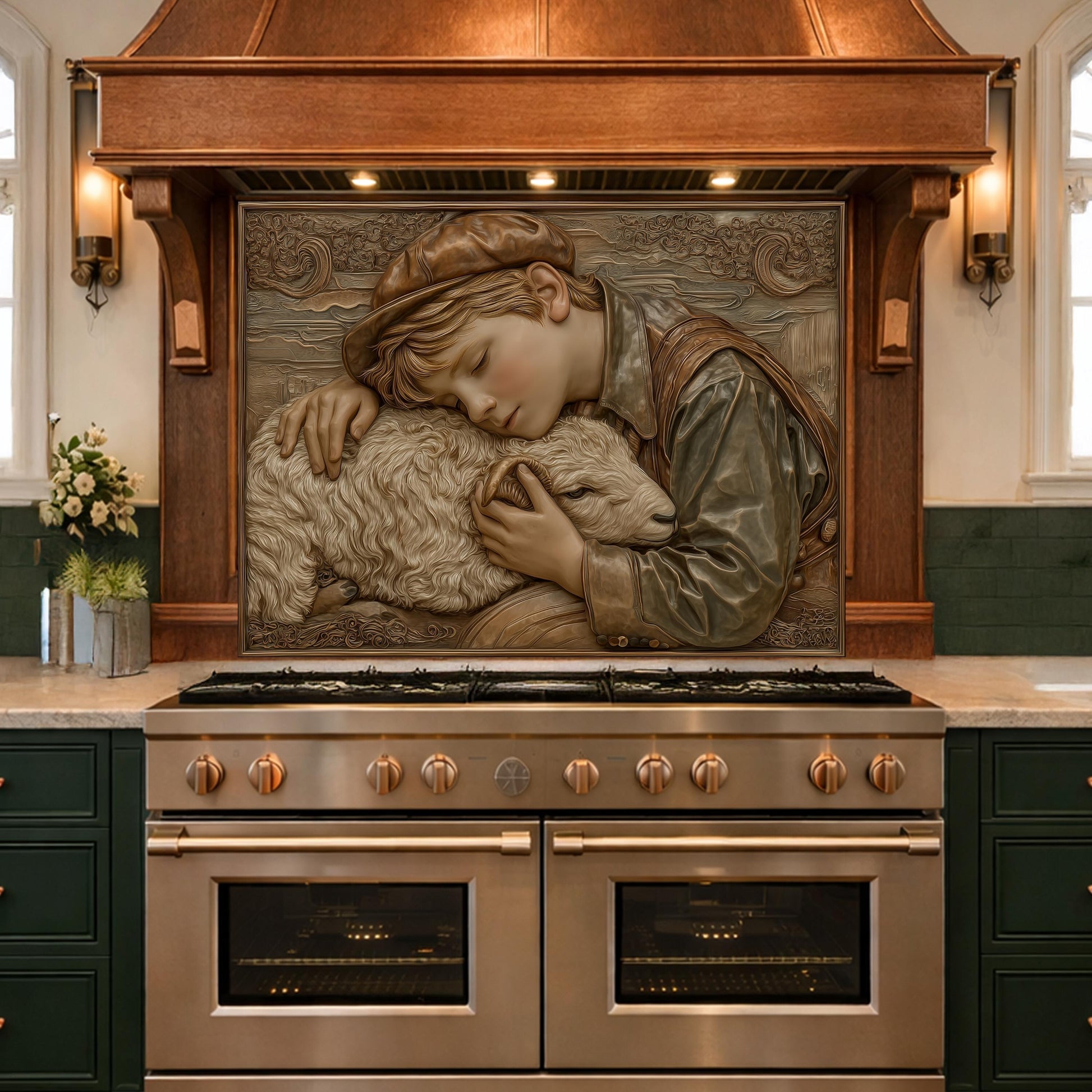 Shepherd Boy Tempered Glass Backsplash, Rustic Farm Art Panel, Lamb Shepherd Kitchen Wall Decor