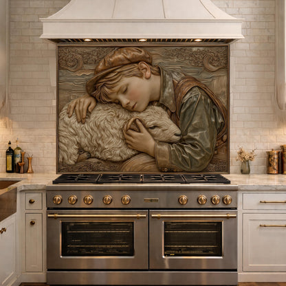 Shepherd Boy Tempered Glass Backsplash, Rustic Farm Art Panel, Lamb Shepherd Kitchen Wall Decor
