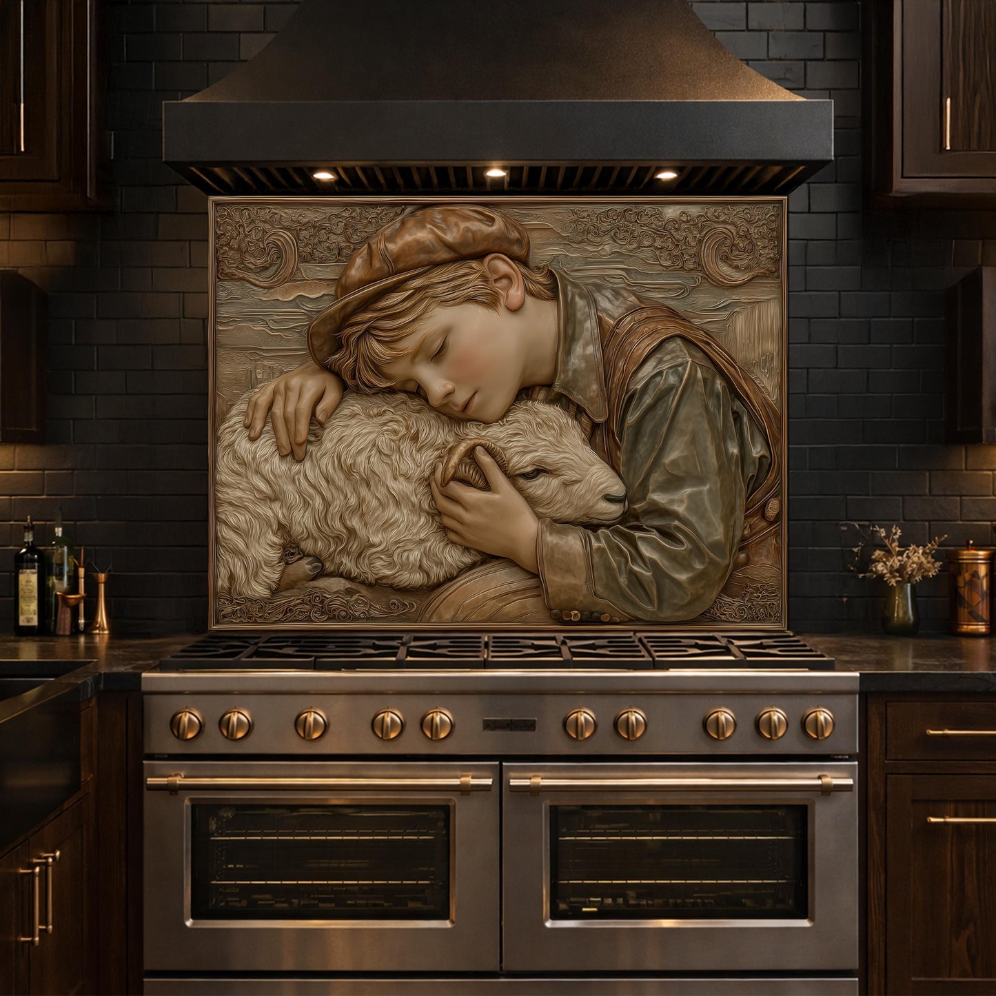 Shepherd Boy Tempered Glass Backsplash, Rustic Farm Art Panel, Lamb Shepherd Kitchen Wall Decor
