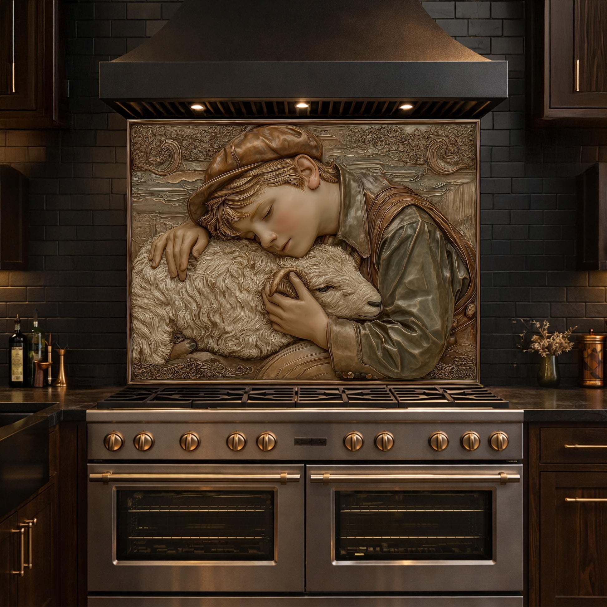 Shepherd Boy Tempered Glass Backsplash, Rustic Farm Art Panel, Lamb Shepherd Kitchen Wall Decor