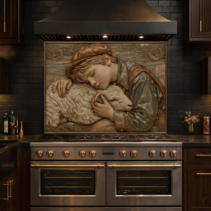 Shepherd Boy Tempered Glass Backsplash, Rustic Farm Art Panel, Lamb Shepherd Kitchen Wall Decor