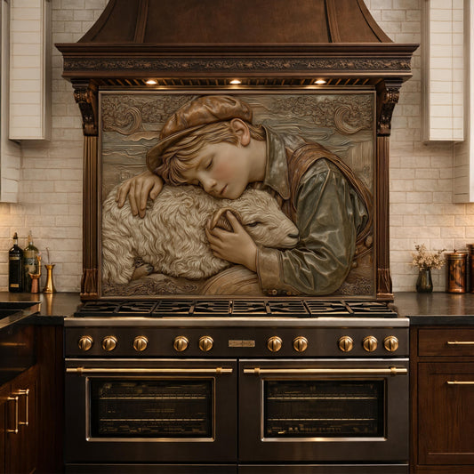 Shepherd Boy Tempered Glass Backsplash, Rustic Farm Art Panel, Lamb Shepherd Kitchen Wall Decor
