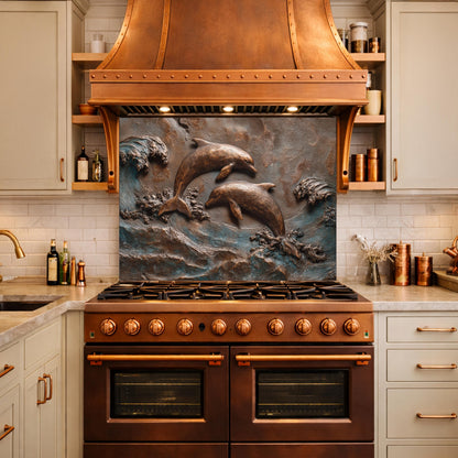 Dolphin Tempered Glass Backsplash, Coastal Ocean Wave Kitchen Panel, Bronze Marine Wall Art Decor